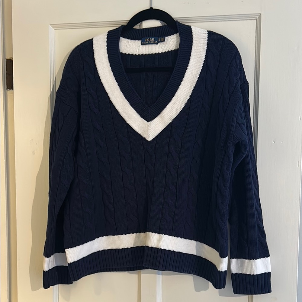 Polo by Ralph Lauren Blue and White V-Neck Sweater